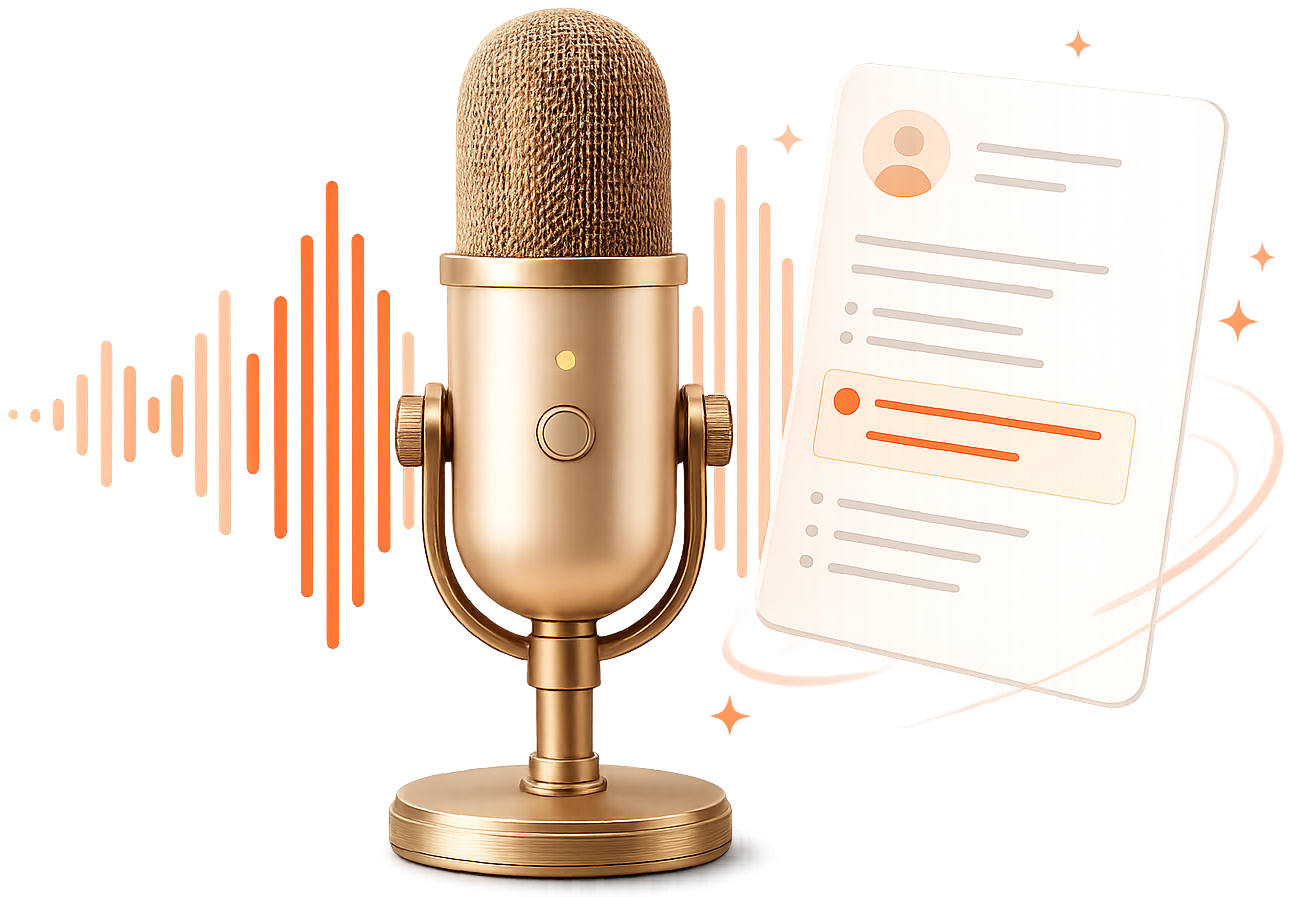 A studio microphone with a voice waveform running into a freshly drafted CV